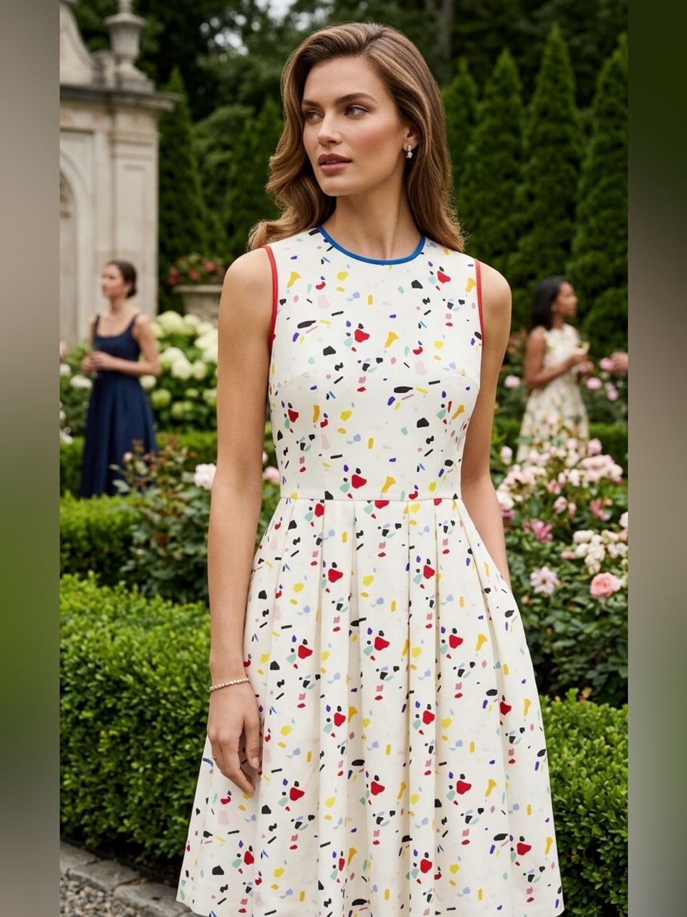 Carolina Herrera White Sleeveless Confetti-Print Midi Dress